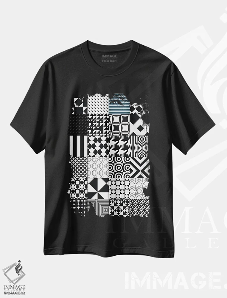 تیشرت مشکی طرح دار الگوی لحاف انتزاعی، آبستره اثر نوردیک پرینت استودیو | فروشگاه ایماژ