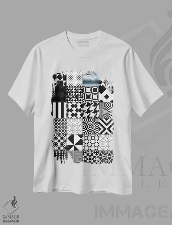 تیشرت سفید طرح دار الگوی لحاف انتزاعی، آبستره اثر نوردیک پرینت استودیو | immage.ir