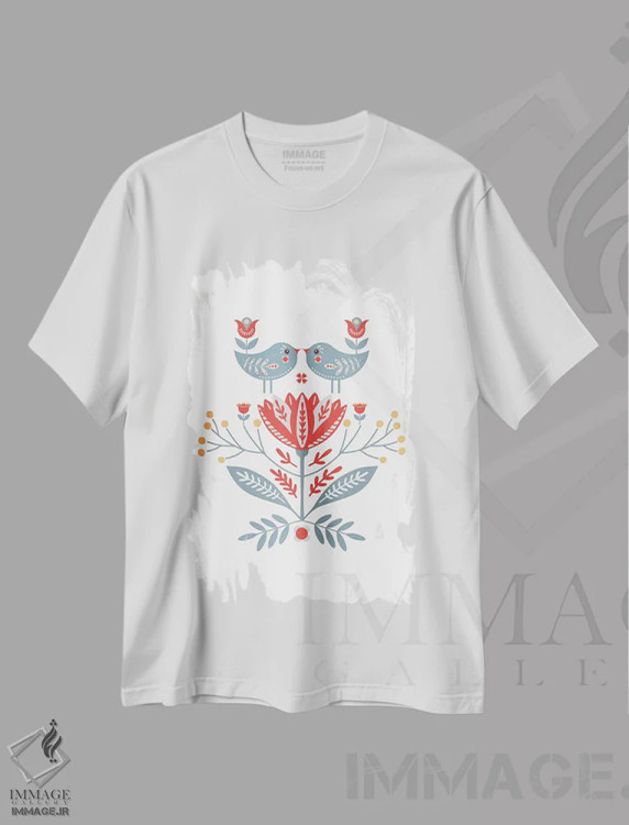 تیشرت سفید طرح دار پرندگان هنر مردمی اسکاندیناوی، تزئینی اثر نوردیک پرینت استودیو | immage.ir