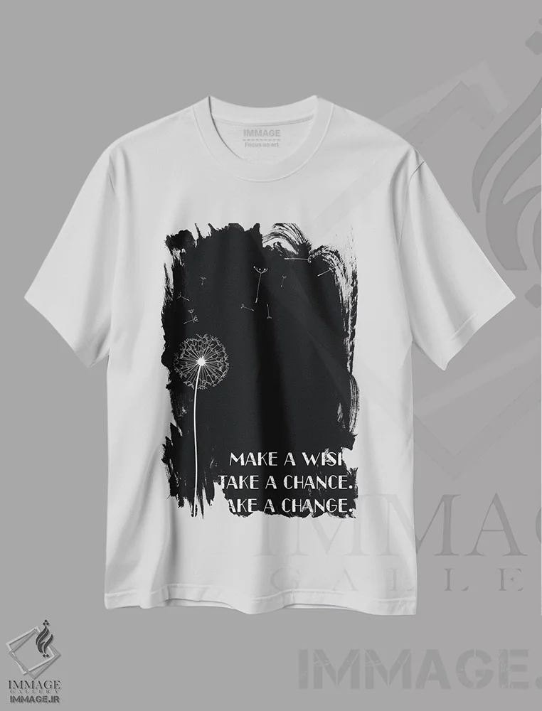 تیشرت سفید طرح دار الهام بخش "قاصدک آرزو کن"، هنر تزئینی سیاه و سفید اثر نوردیک پرینت استودیو | immage.ir