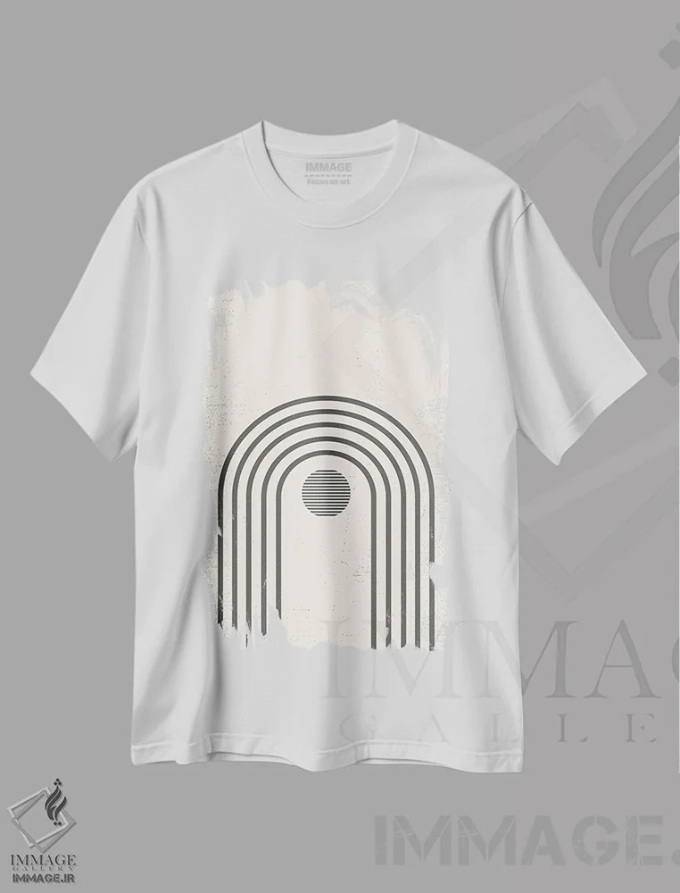 تیشرت سفید طرح دار رنگین کمان انتزاعی نیمه قرن اثر نوردیک پرینت استودیو | فروشگاه ایماژ