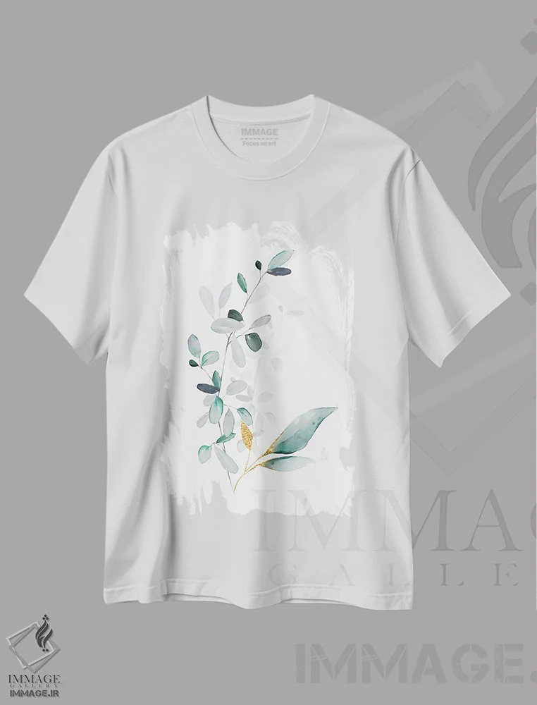 تیشرت سفید طرح دار گیاهان مدرن طلایی و مریم گلی، تزئینی اثر نوردیک پرینت استودیو | immage.ir