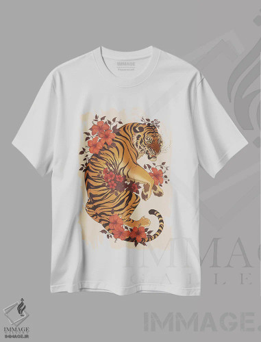 تیشرت سفید طرح دار ببر هیبیسکوس، هنر دیجیتال اثر نورا پوتوورا | فروشگاه ایماژ