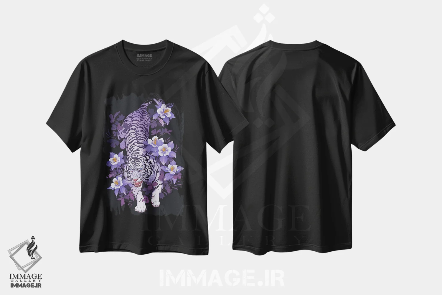 تیشرت مشکی طرح دار سایه های بنفش، هنر دیجیتال اثر نورا پوتوورا | فروشگاه ایماژ