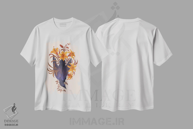 تیشرت سفید طرح دار در میان زنبق ها، هنر دیجیتال اثر نورا پوتوورا | فروشگاه ایماژ