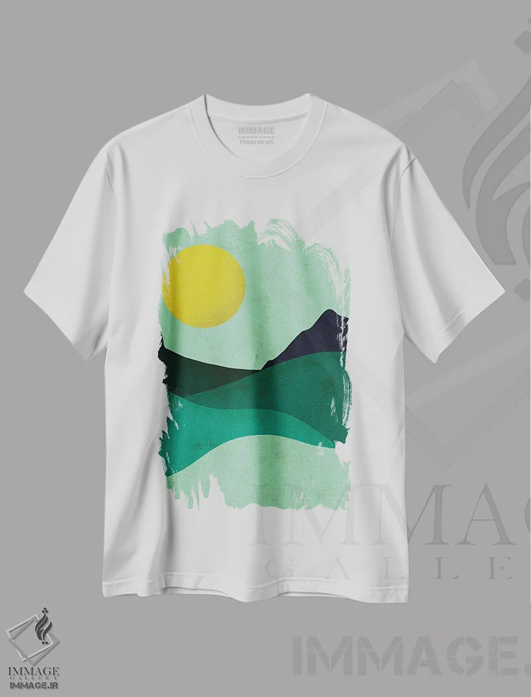 تیشرت سفید طرح دار ماه سبز زرد، آبستره اثر رینا نوریگا | فروشگاه ایماژ