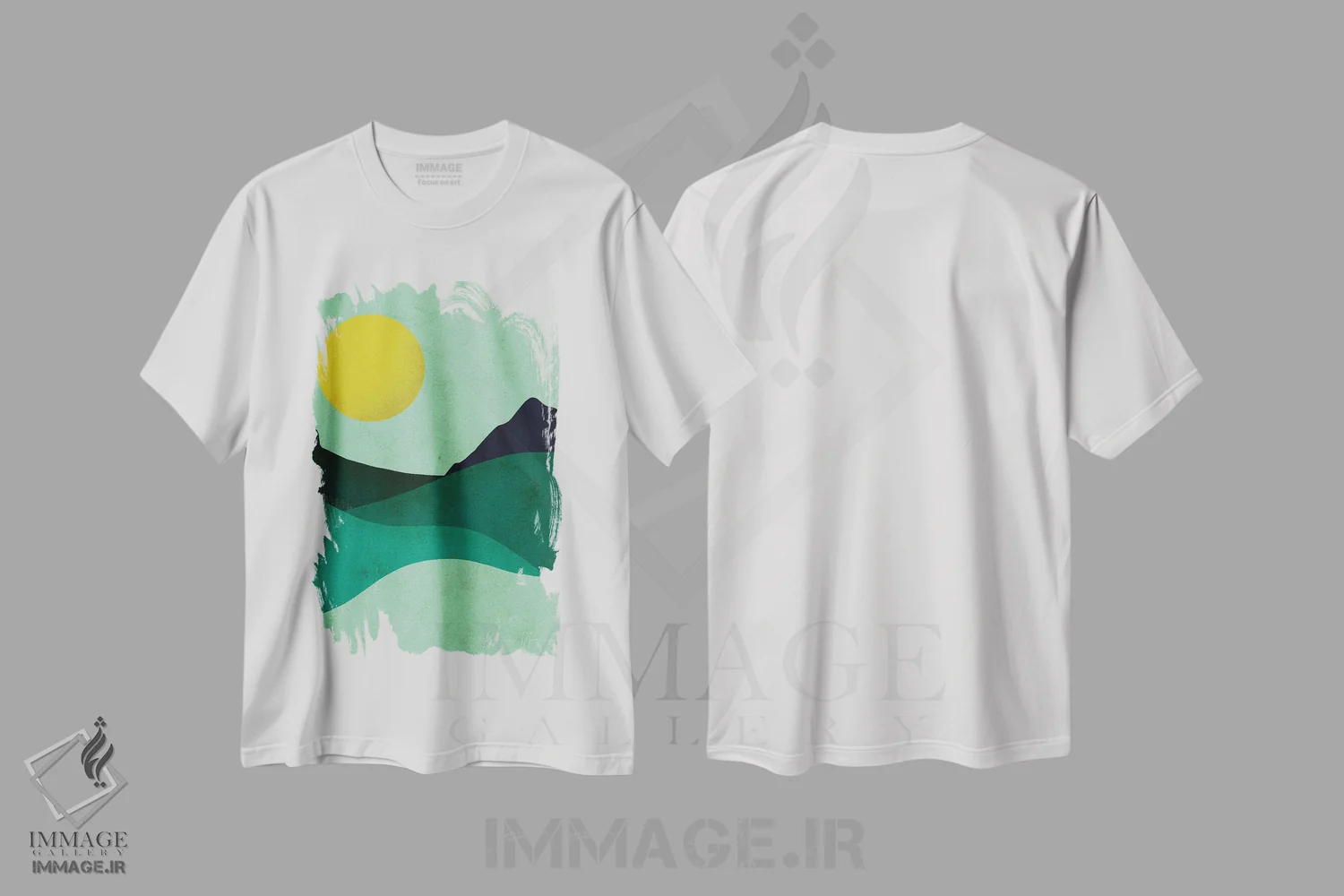 تیشرت سفید طرح دار ماه سبز زرد، آبستره اثر رینا نوریگا | فروشگاه ایماژ