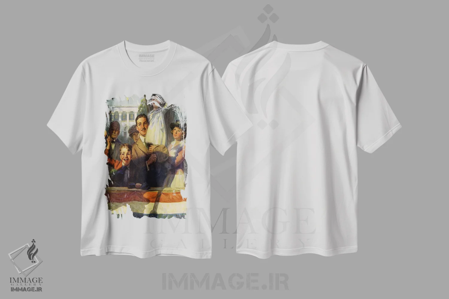 تیشرت سفید طرح دار تماشاگران در رژه، دکور آمریکایی اثر نورمن راکول | فروشگاه ایماژ