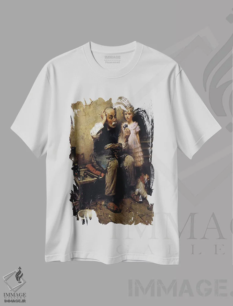 تیشرت سفید طرح دار کفاش در حال بررسی کفش عروسک، هنر فاخر کلاسیک اثر نورمن راکول | immage.ir