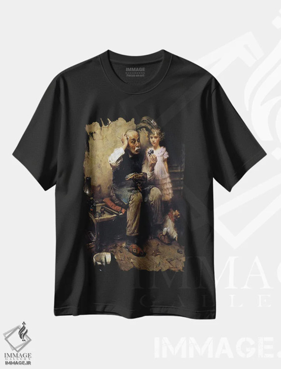 تیشرت مشکی طرح دار کفاش در حال بررسی کفش عروسک، هنر فاخر کلاسیک اثر نورمن راکول | فروشگاه ایماژ