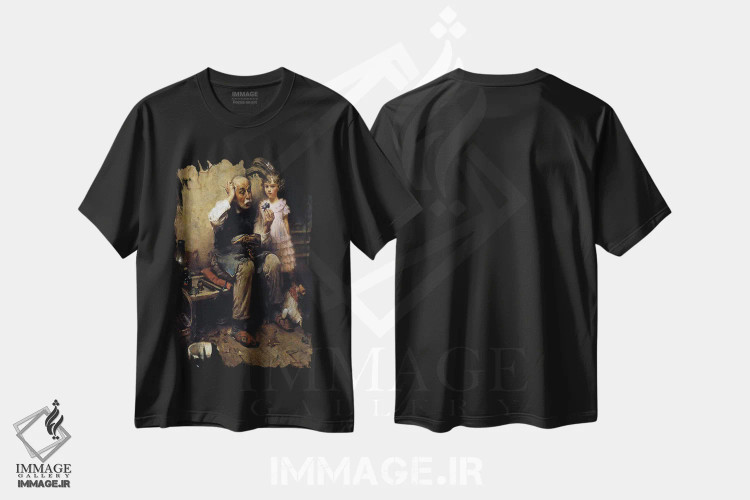 تیشرت مشکی طرح دار کفاش در حال بررسی کفش عروسک، هنر فاخر کلاسیک اثر نورمن راکول | فروشگاه ایماژ