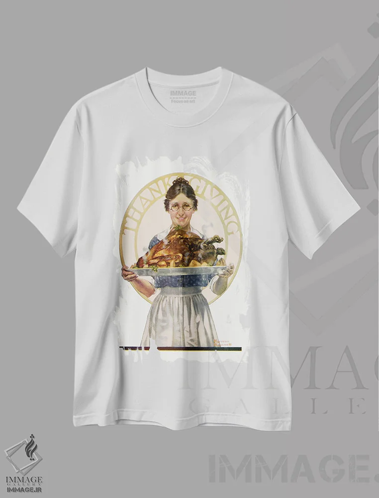 تیشرت سفید طرح دار زن با سینی بوقلمون، دکور آمریکایی اثر نورمن راکول | فروشگاه ایماژ
