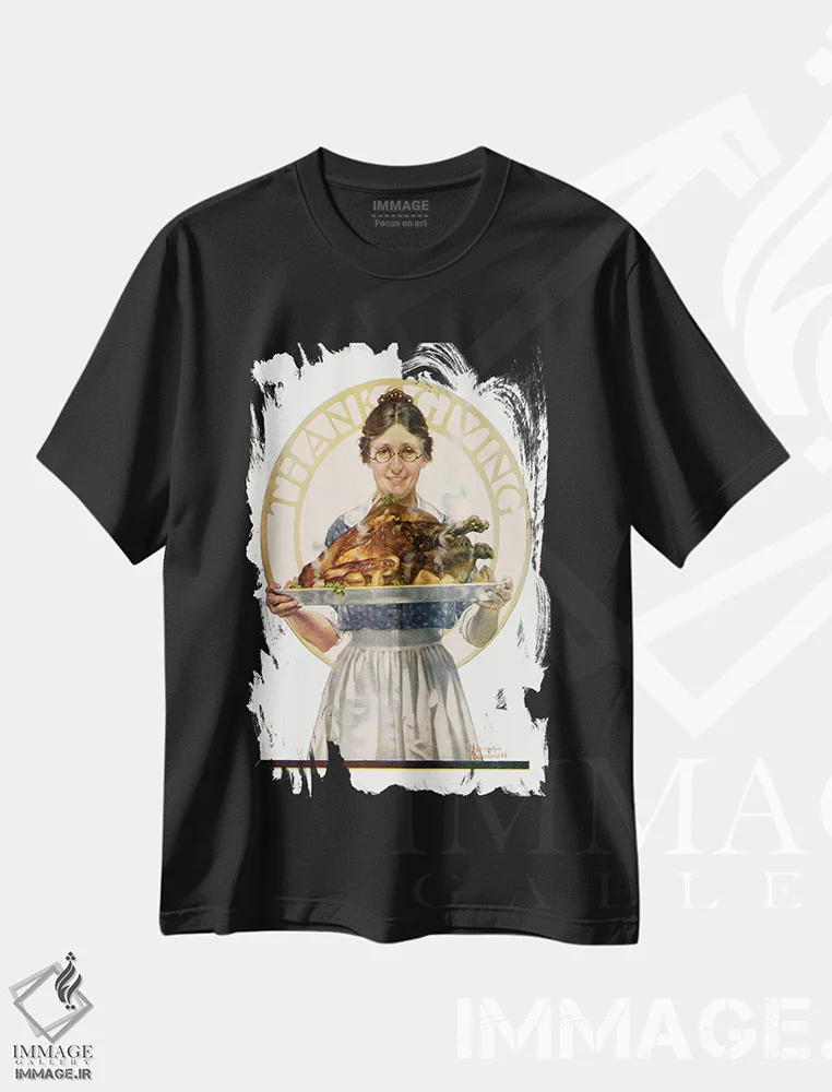 تیشرت مشکی طرح دار زن با سینی بوقلمون، دکور آمریکایی اثر نورمن راکول | immage.ir