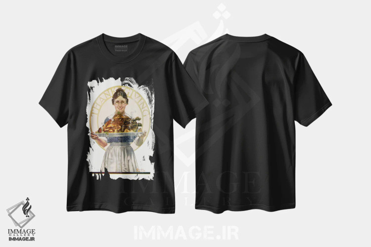 تیشرت مشکی طرح دار زن با سینی بوقلمون، دکور آمریکایی اثر نورمن راکول | immage.ir