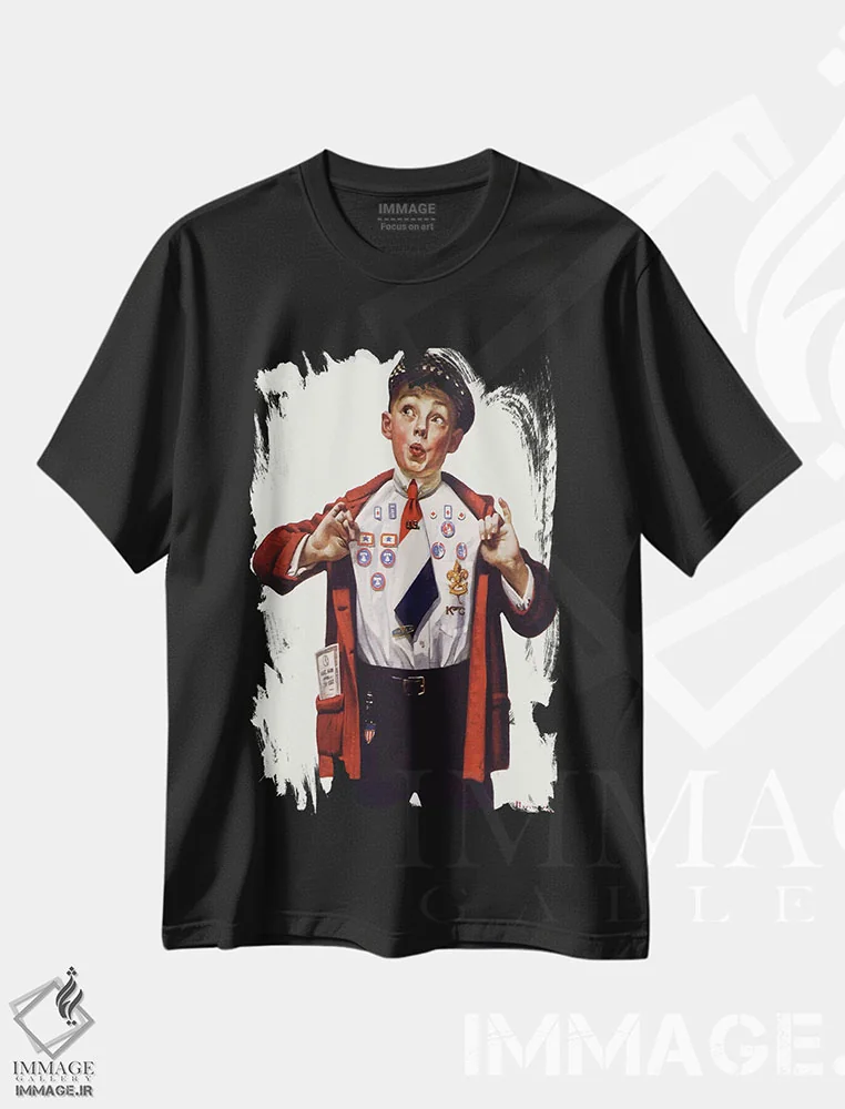 تیشرت مشکی طرح دار پسری که مدال هایش را نشان می دهد، دکور آمریکایی اثر نورمن راکول | فروشگاه ایماژ