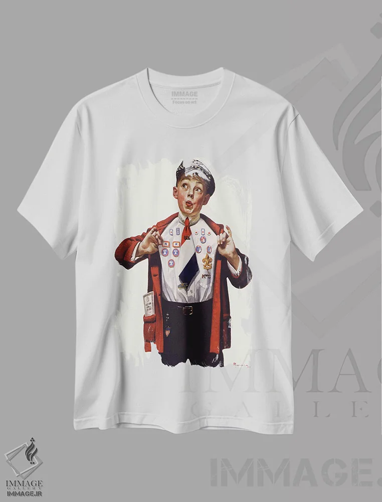 تیشرت سفید طرح دار پسری که مدال هایش را نشان می دهد، دکور آمریکایی اثر نورمن راکول | immage.ir