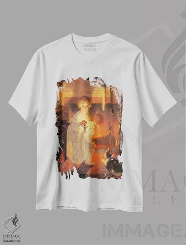 تیشرت سفید طرح دار کودکانی که به شومینه نگاه می کنند، هنر فاخر کلاسیک اثر نورمن راکول | فروشگاه ایماژ