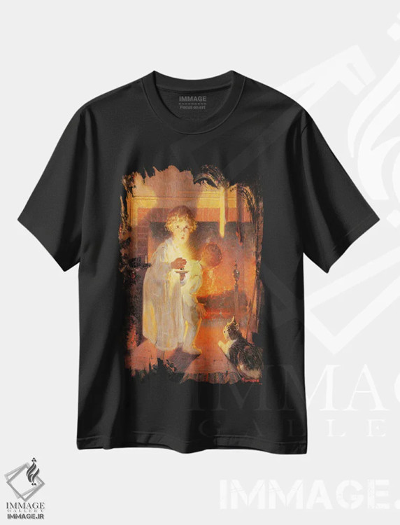 تیشرت مشکی طرح دار کودکانی که به شومینه نگاه می کنند، هنر فاخر کلاسیک اثر نورمن راکول | immage.ir