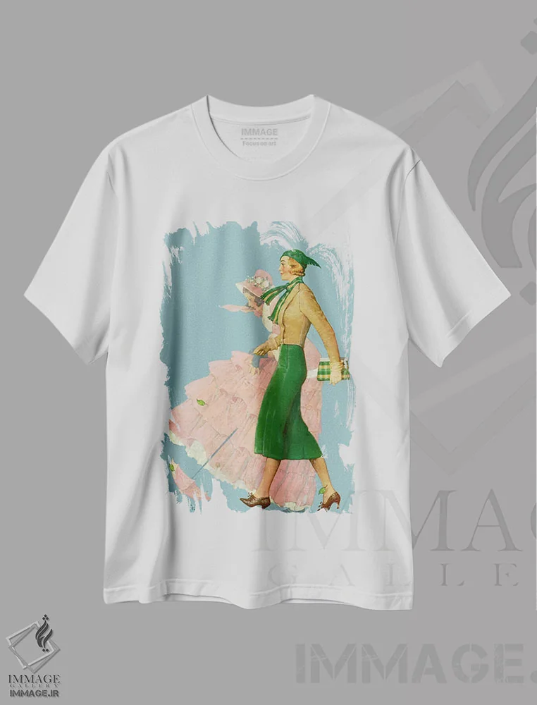 تیشرت سفید طرح دار دو زن در حال قدم زدن، هنر فاخر کلاسیک اثر نورمن راکول | immage.ir