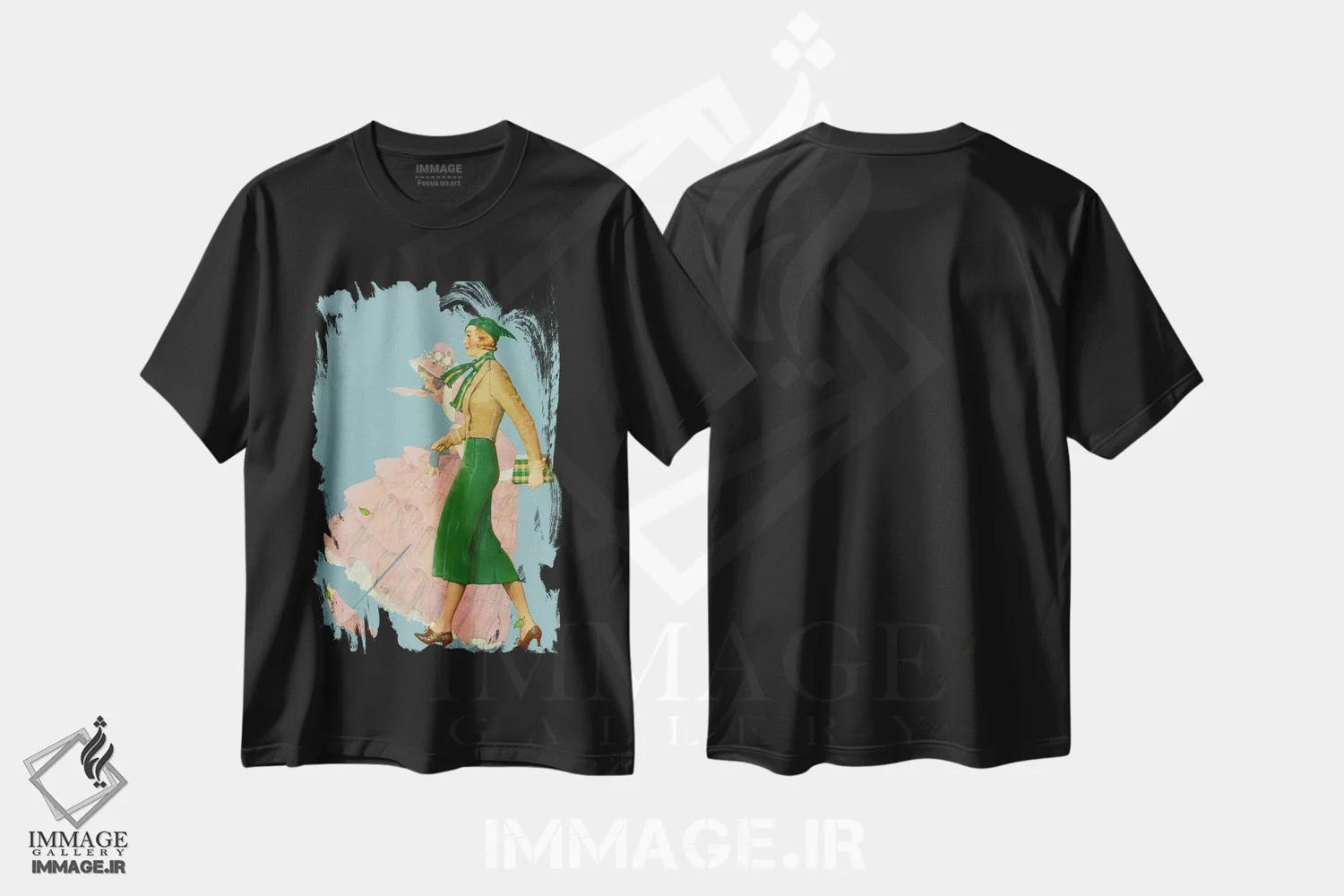 تیشرت مشکی طرح دار دو زن در حال قدم زدن، هنر فاخر کلاسیک اثر نورمن راکول | فروشگاه ایماژ