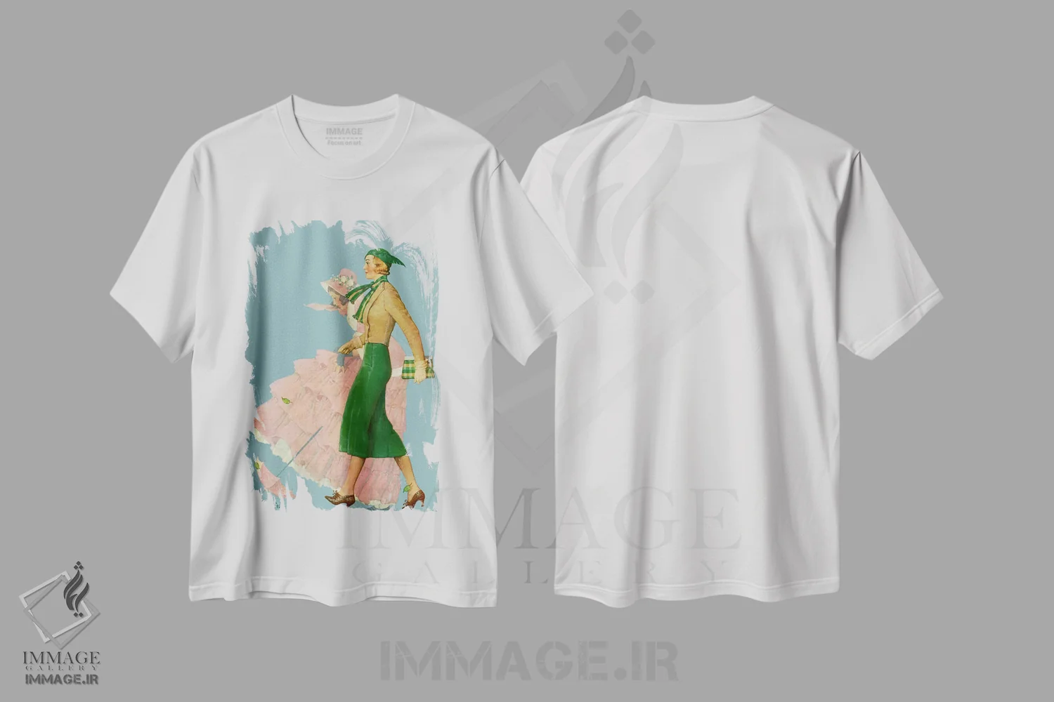 تیشرت سفید طرح دار دو زن در حال قدم زدن، هنر فاخر کلاسیک اثر نورمن راکول | immage.ir