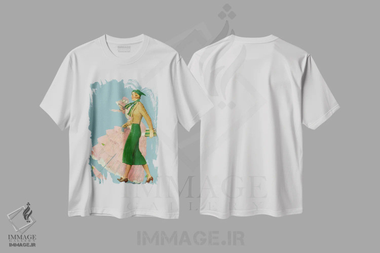 تیشرت سفید طرح دار دو زن در حال قدم زدن، هنر فاخر کلاسیک اثر نورمن راکول | immage.ir