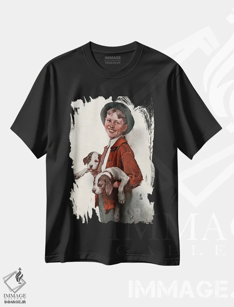 تیشرت مشکی طرح دار پسر بچه با توله سگ ها، هنر فاخر کلاسیک اثر نورمن راکول | فروشگاه ایماژ