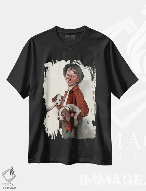 تیشرت مشکی طرح دار پسر بچه با توله سگ ها، هنر فاخر کلاسیک اثر نورمن راکول | فروشگاه ایماژ