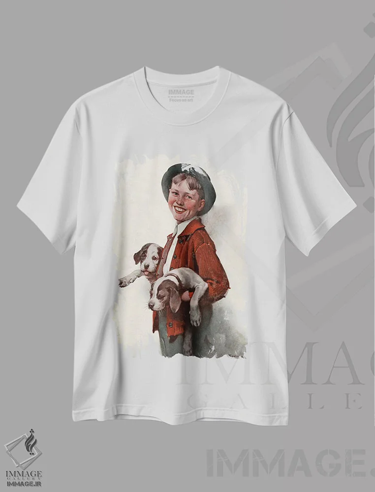 تیشرت سفید طرح دار پسر بچه با توله سگ ها، هنر فاخر کلاسیک اثر نورمن راکول | immage.ir