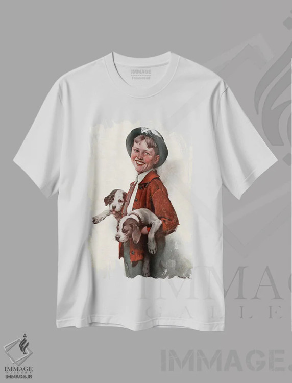 تیشرت سفید طرح دار پسر بچه با توله سگ ها، هنر فاخر کلاسیک اثر نورمن راکول | immage.ir