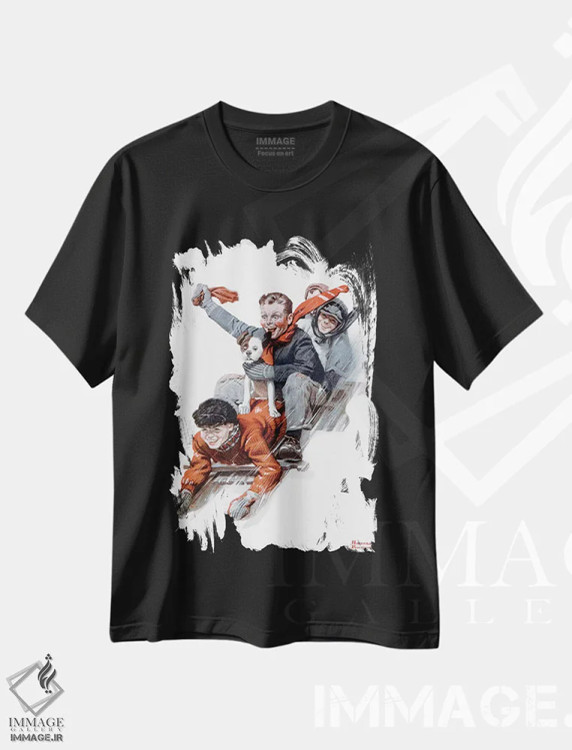 تیشرت مشکی طرح دار چهار پسر روی سورتمه، هنر فاخر کلاسیک اثر نورمن راکول | فروشگاه ایماژ
