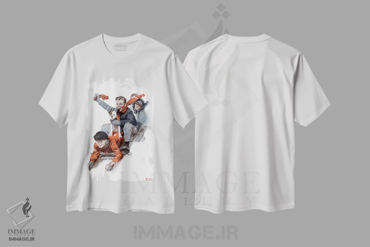 تیشرت سفید طرح دار چهار پسر روی سورتمه، هنر فاخر کلاسیک اثر نورمن راکول | immage.ir