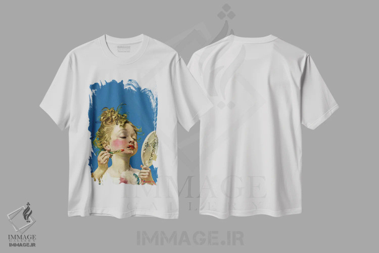 تیشرت سفید طرح دار دختر بچه با رژ لب، هنر فاخر کلاسیک اثر نورمن راکول | immage.ir