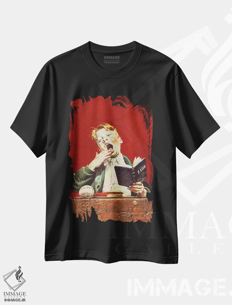 تیشرت مشکی طرح دار دانش آموز خواب آلود، هنر فاخر کلاسیک اثر نورمن راکول | فروشگاه ایماژ