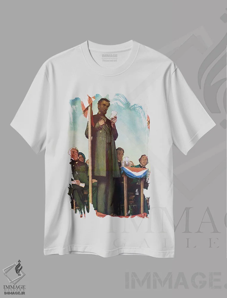 تیشرت سفید طرح دار ابراهام لینکلن در حال ایراد سخنرانی گتیسبورگ، دکور آمریکایی اثر نورمن راکول | فروشگاه ایماژ