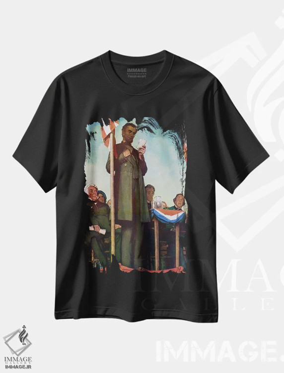 تیشرت مشکی طرح دار ابراهام لینکلن در حال ایراد سخنرانی گتیسبورگ، دکور آمریکایی اثر نورمن راکول | immage.ir