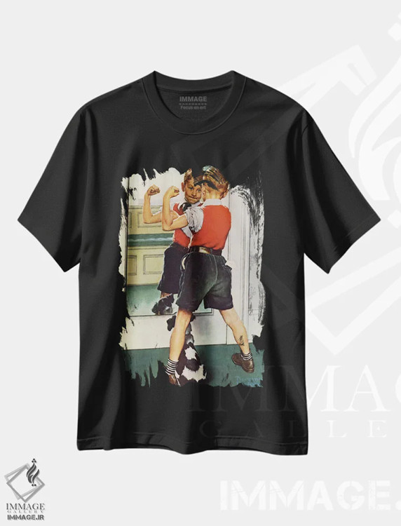 تیشرت مشکی طرح دار نمای نزدیک مرد عضلانی، هنر فاخر کلاسیک اثر نورمن راکول | فروشگاه ایماژ