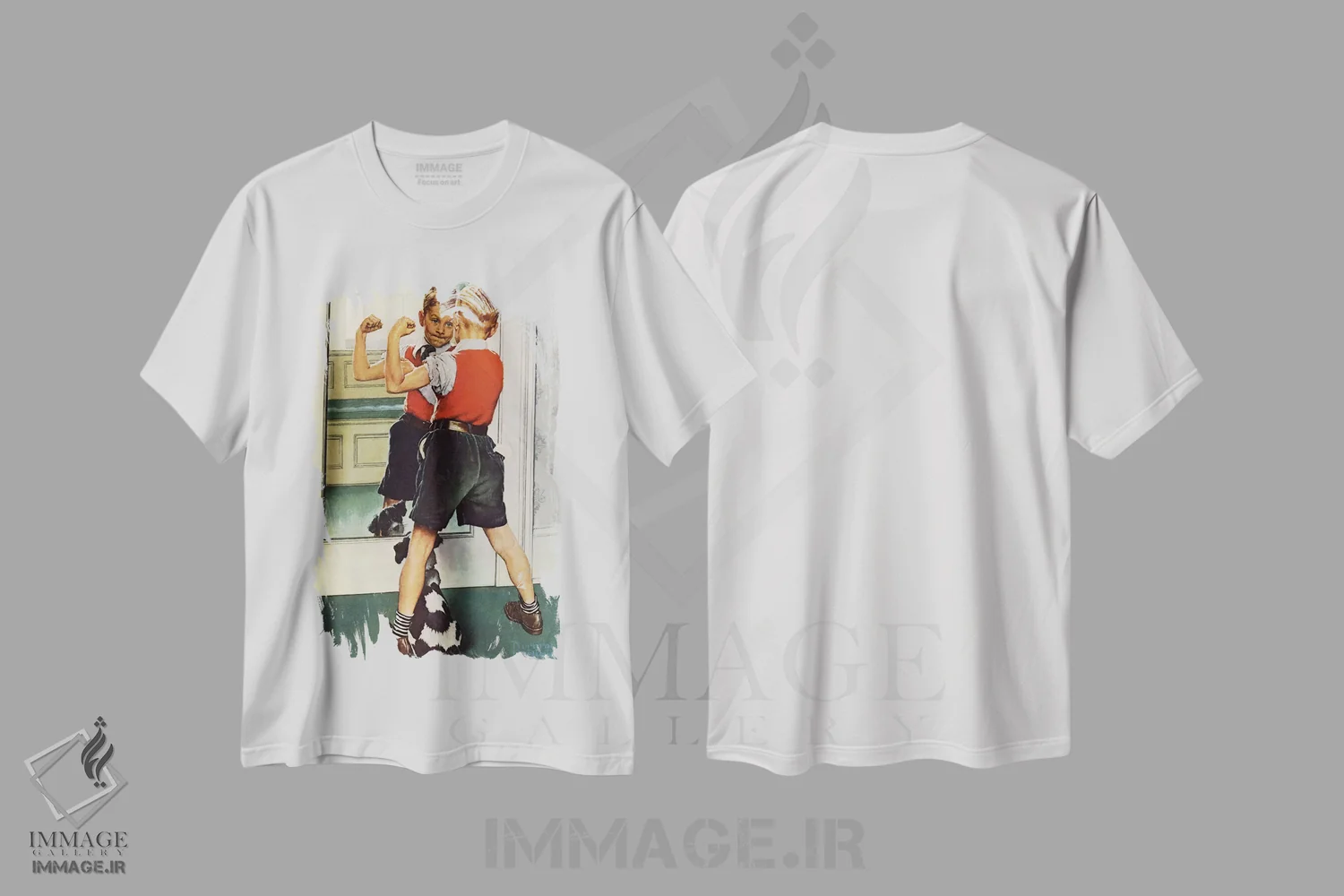 تیشرت سفید طرح دار نمای نزدیک مرد عضلانی، هنر فاخر کلاسیک اثر نورمن راکول | immage.ir