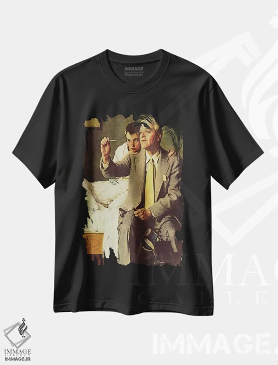 تیشرت مشکی طرح دار پزشک و پسر در حال نگاه کردن به دماسنج، هنر فاخر کلاسیک اثر نورمن راکول | immage.ir