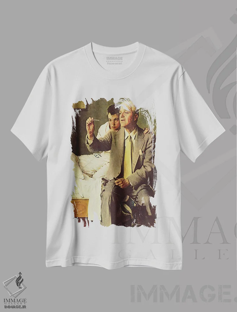 تیشرت سفید طرح دار پزشک و پسر در حال نگاه کردن به دماسنج، هنر فاخر کلاسیک اثر نورمن راکول | فروشگاه ایماژ