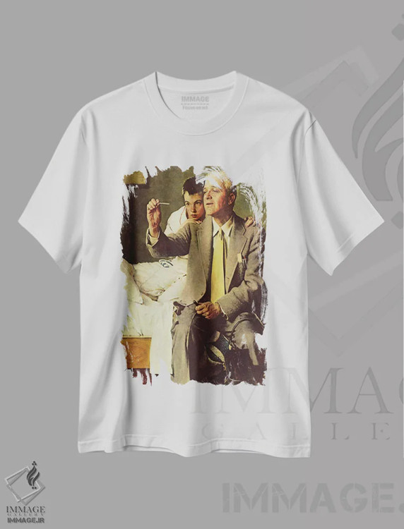 تیشرت سفید طرح دار پزشک و پسر در حال نگاه کردن به دماسنج، هنر فاخر کلاسیک اثر نورمن راکول | فروشگاه ایماژ