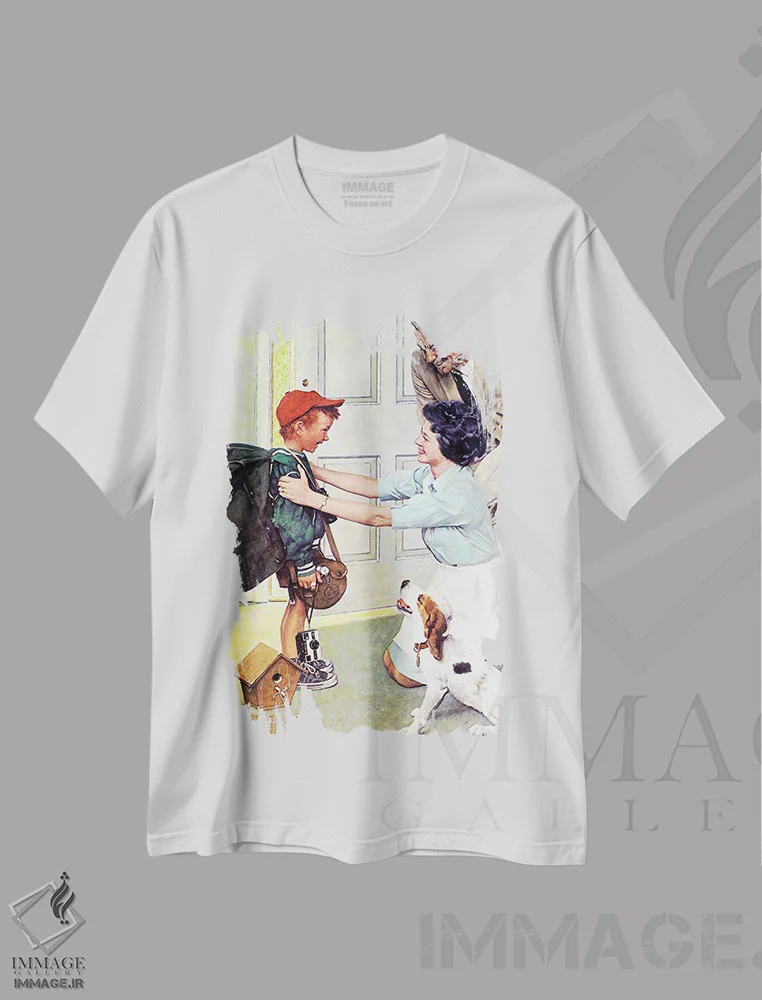 تیشرت سفید طرح دار بازگشت از اردو، هنر فاخر کلاسیک اثر نورمن راکول | فروشگاه ایماژ