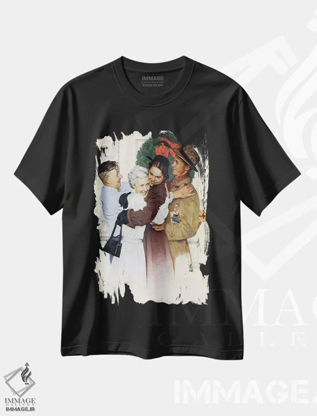 تیشرت مشکی طرح دار خانه برای کریسمس، هنر فاخر کلاسیک اثر نورمن راکول | فروشگاه ایماژ