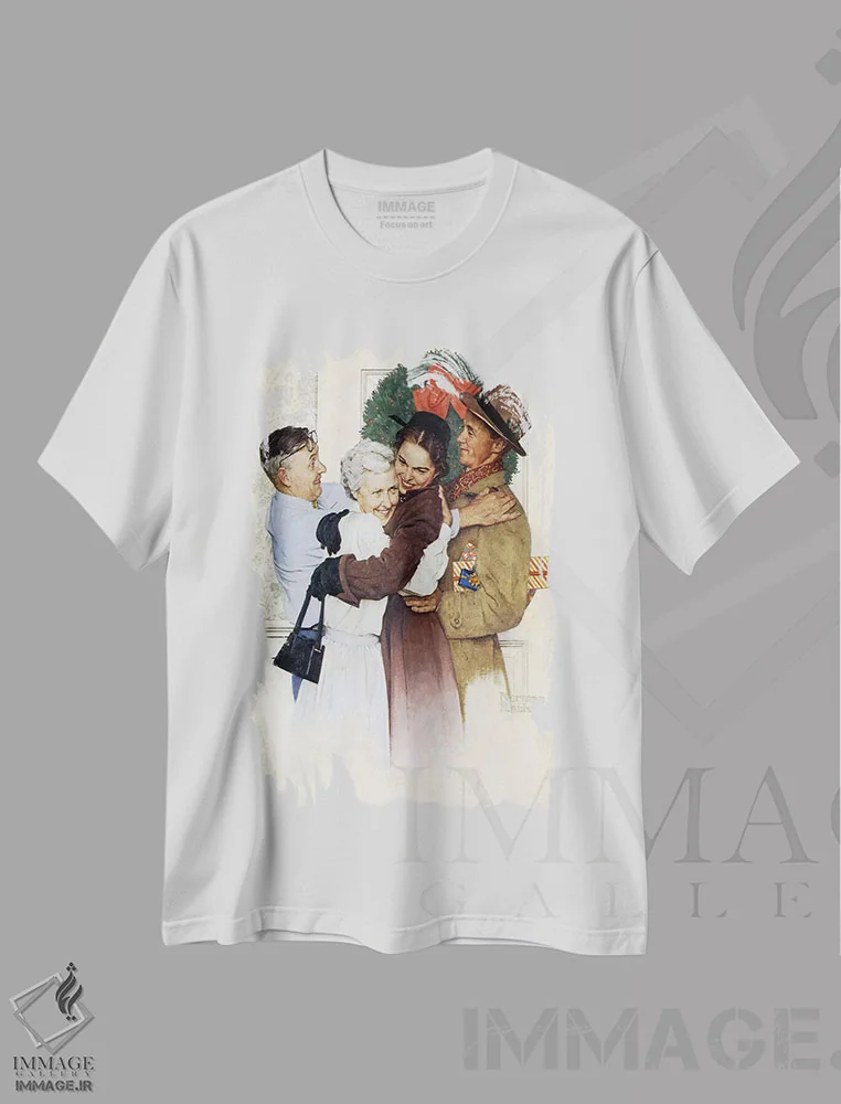 تیشرت سفید طرح دار خانه برای کریسمس، هنر فاخر کلاسیک اثر نورمن راکول | immage.ir