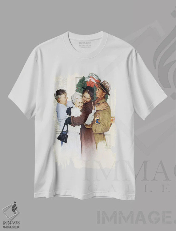 تیشرت سفید طرح دار خانه برای کریسمس، هنر فاخر کلاسیک اثر نورمن راکول | immage.ir