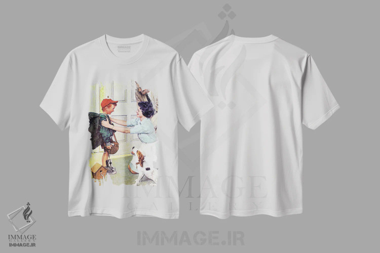 تیشرت سفید طرح دار بازگشت از اردو، هنر فاخر کلاسیک اثر نورمن راکول | فروشگاه ایماژ