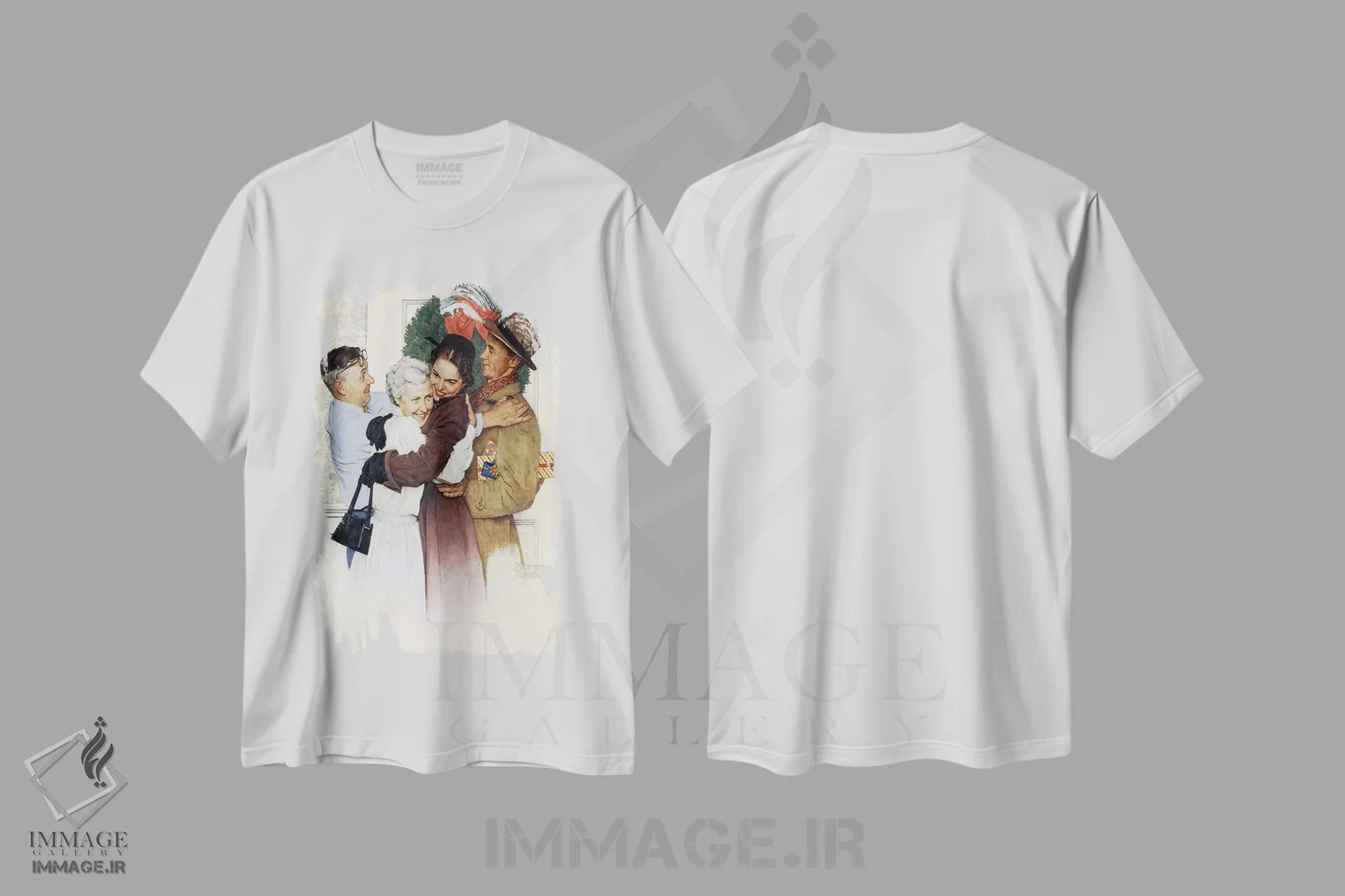 تیشرت سفید طرح دار خانه برای کریسمس، هنر فاخر کلاسیک اثر نورمن راکول | immage.ir