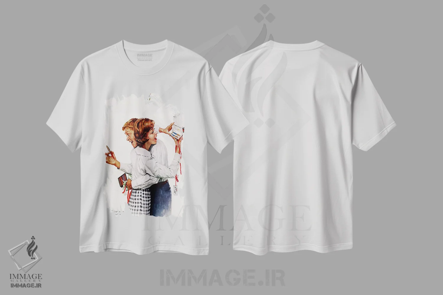 تیشرت سفید طرح دار آنها به یکدیگر قلم پارکر ۶۱ هدیه دادند، هنر فاخر کلاسیک اثر نورمن راکول | immage.ir