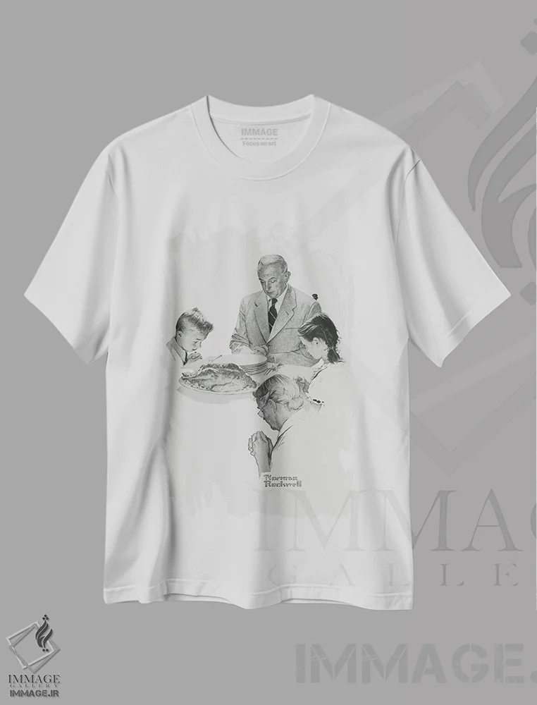 تیشرت سفید طرح دار روز شکرگزاری، هنر فاخر کلاسیک اثر نورمن راکول | فروشگاه ایماژ