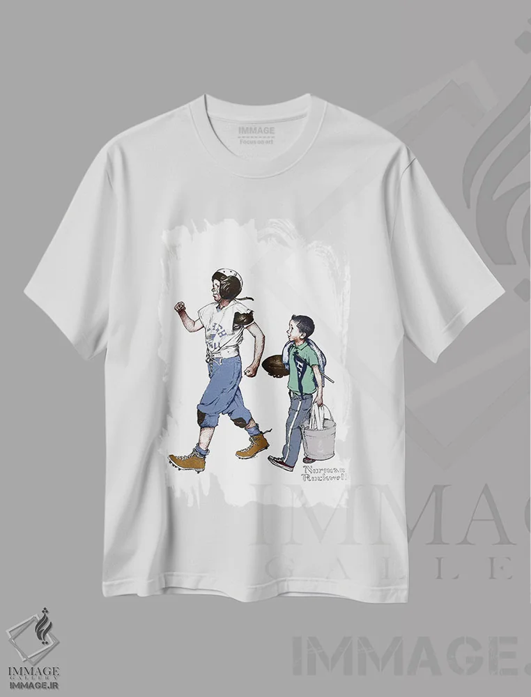 تیشرت سفید طرح دار قهرمان فوتبال، هنر فاخر کلاسیک اثر نورمن راکول | immage.ir
